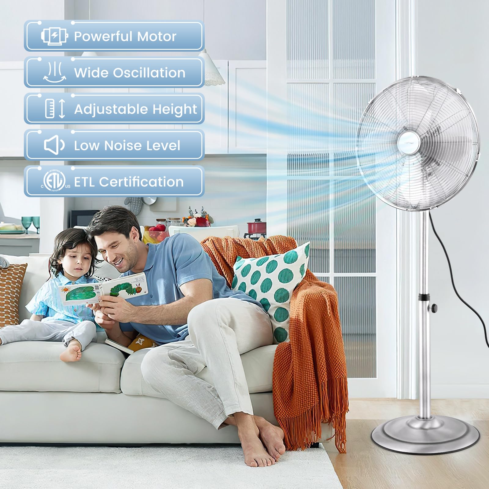 COSTWAY 16-inch High Velocity Metal Pedestal Fan - Quiet Standing Fan with 75° Oscillation, 3 Speed Settings & Height Adjustable Design - 4 Blade Floor Fan for Bedroom, Home Office & Shop (Silver) | Perfect for Cooling Large Rooms & Workspaces