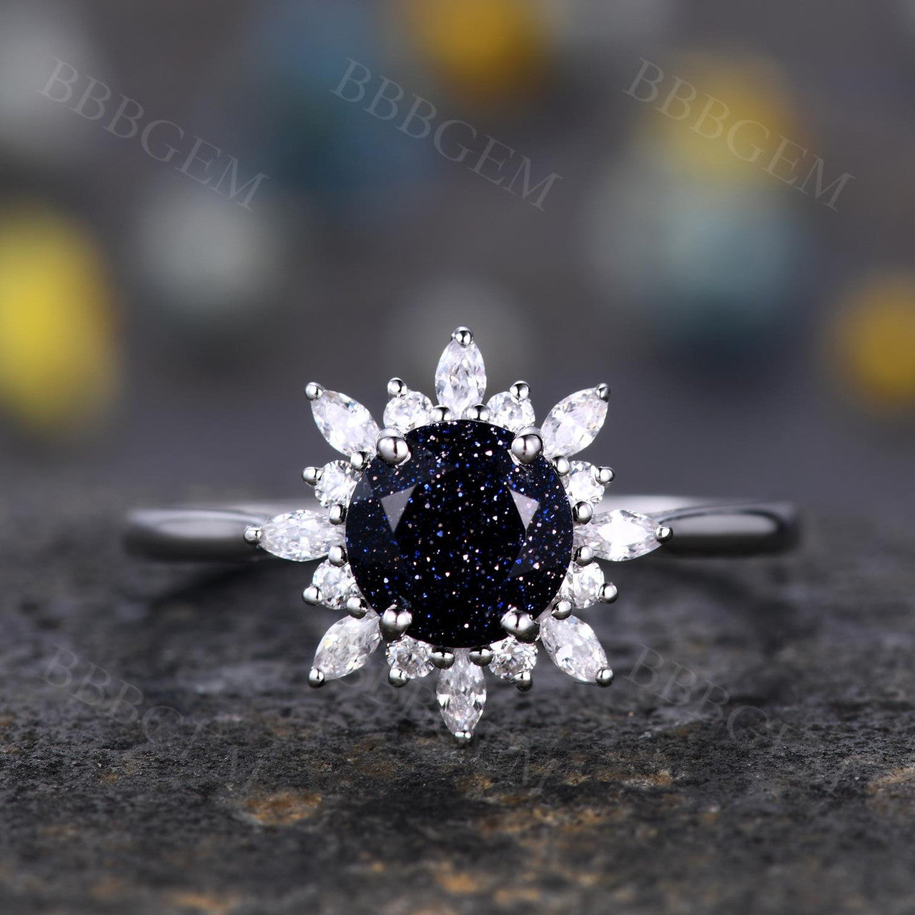 6.5mm Round Cut Blue Sandstone Engagement Ring - White Gold Marquise Moissanite Halo Ring for Women | Wedding, Proposal, Anniversary Gift Idea