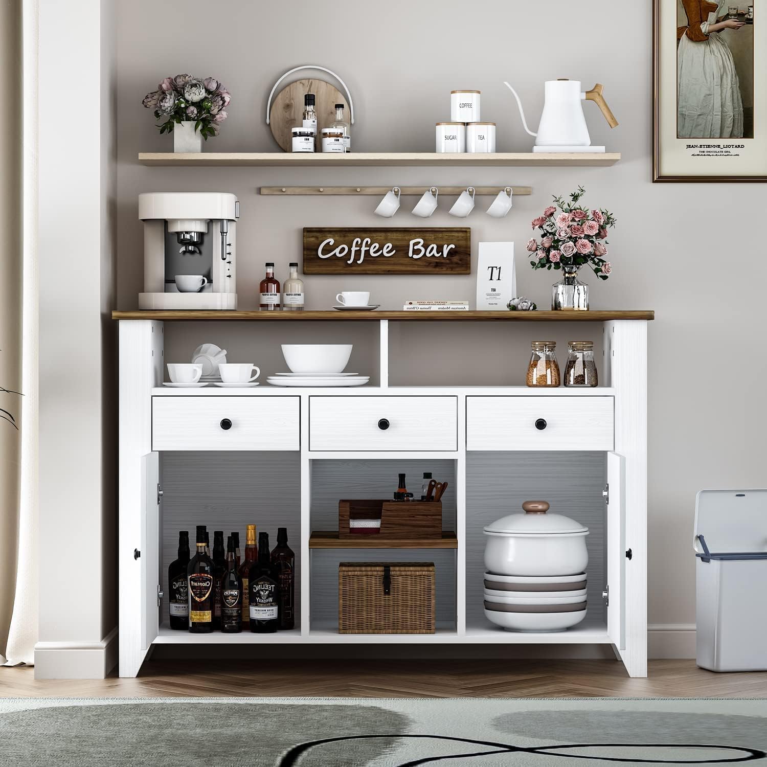 Farmhouse Coffee Bar Cabinet with Storage - 47 Inch White Buffet Cabinet with 3 Drawers, 2 Doors & Open Shelf - Kitchen Coffee Station for Living Room, Dining Room - Perfect for Entertaining Guests & Organizing Coffee Essentials