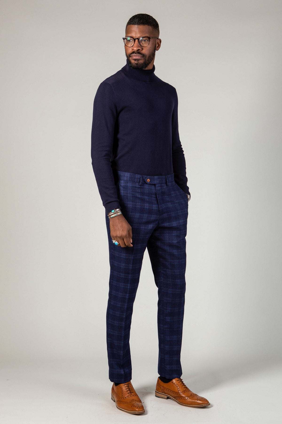 CHIGWELL Blue Tweed Check Pants for Women - Classic Plaid Trousers with Comfort Fit - Perfect for Office, Business Casual & Winter Outfits