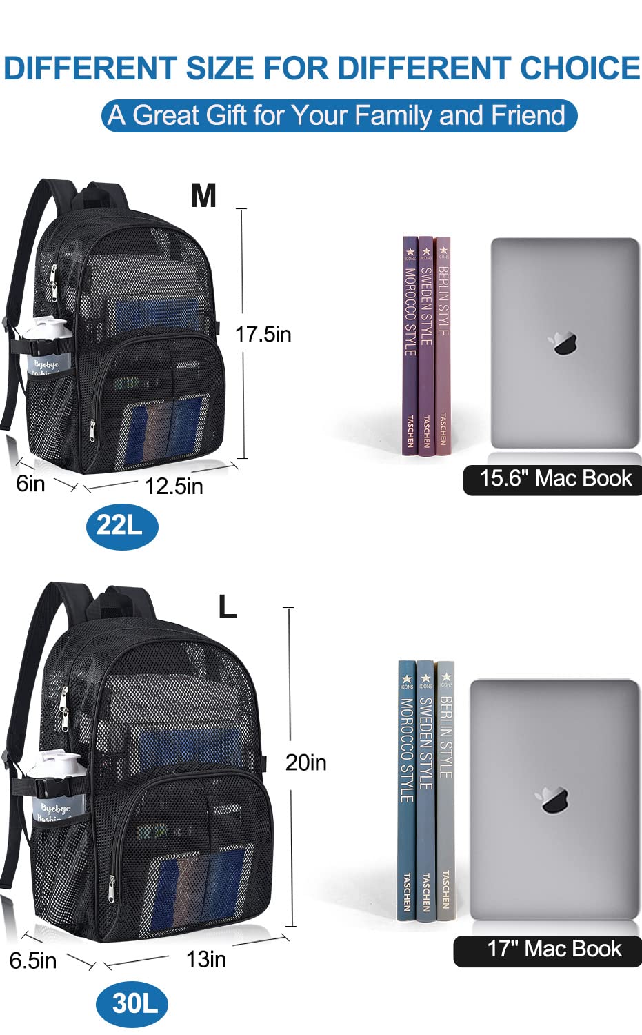 Durable 30L Heavy Duty Mesh Backpack for School & Travel - Large Black Ventilated Backpack with Laptop Compartment - Perfect for Beach, Commuting, Swimming, Gym & Outdoor Sports (Black)