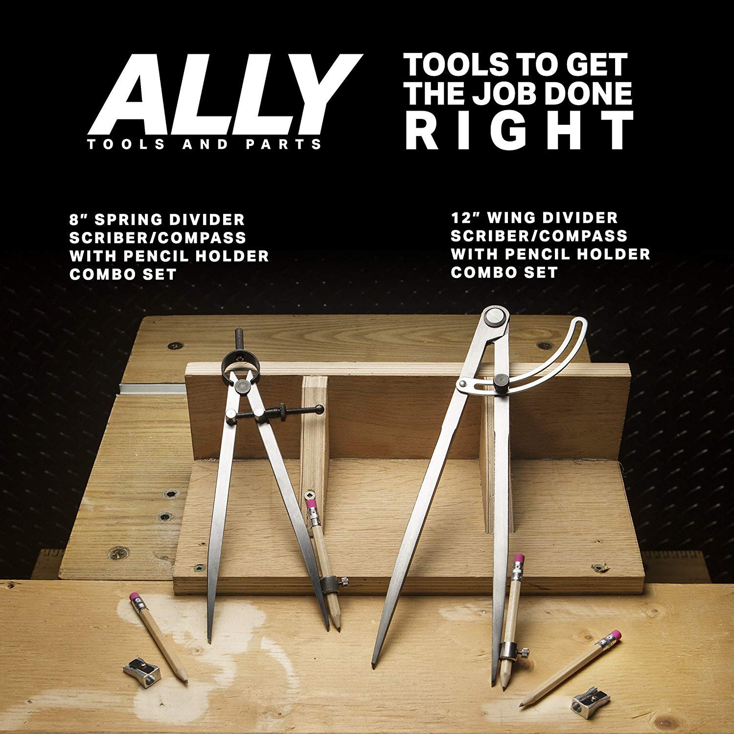 ALLY Tools 8 Inch Precision Locking Spring Divider - Woodworking Compass with Pencil Holder, Includes 2 Pencils & Sharpener - Perfect for Drawing, Drafting, Carpentry, Woodworking & DIY Projects