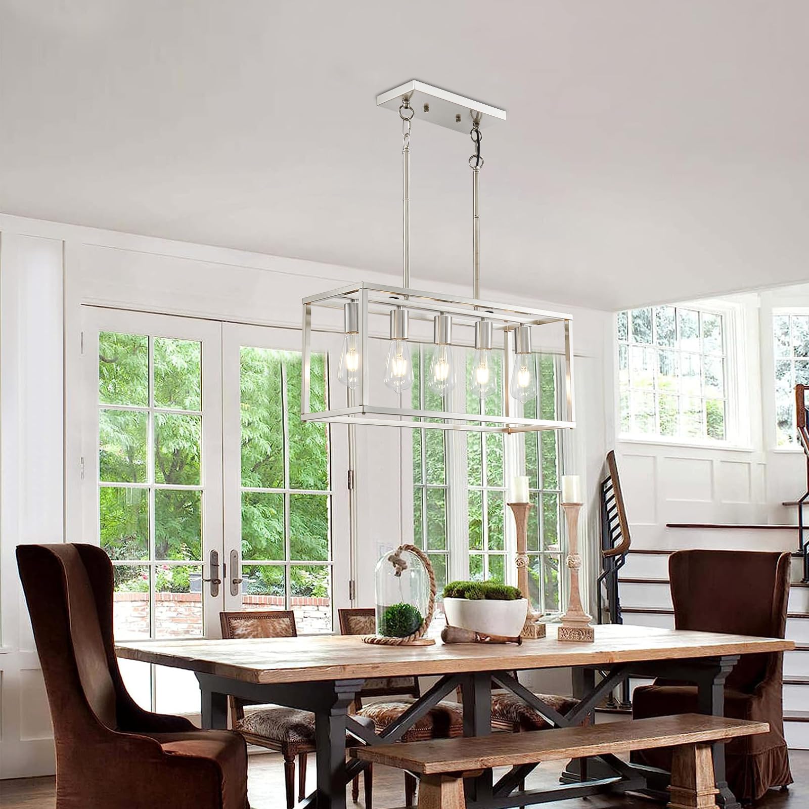 5-Light Modern Linear Pendant Lighting for Kitchen Island & Dining Room - Adjustable Height Brushed Nickel Chandelier with E26 Base - Perfect for Contemporary Home Decor & Restaurant Lighting