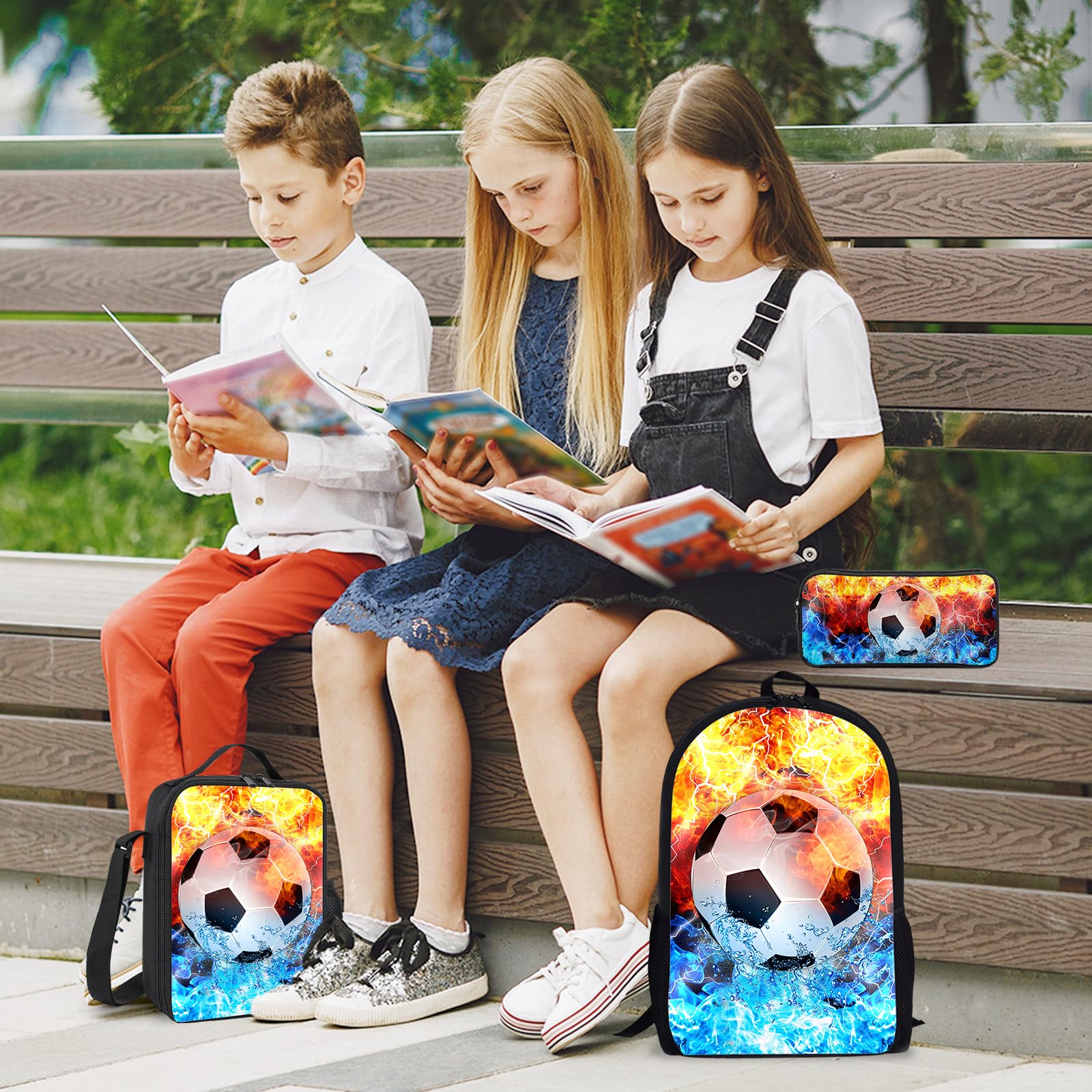 Kids Backpack Set with Lunch Box & Pencil Case - 3PCS School Backpack for Boys & Girls, Teen Bookbag for Middle & High School Students | Perfect for School, Travel & Sports (Soccer Fire Design)