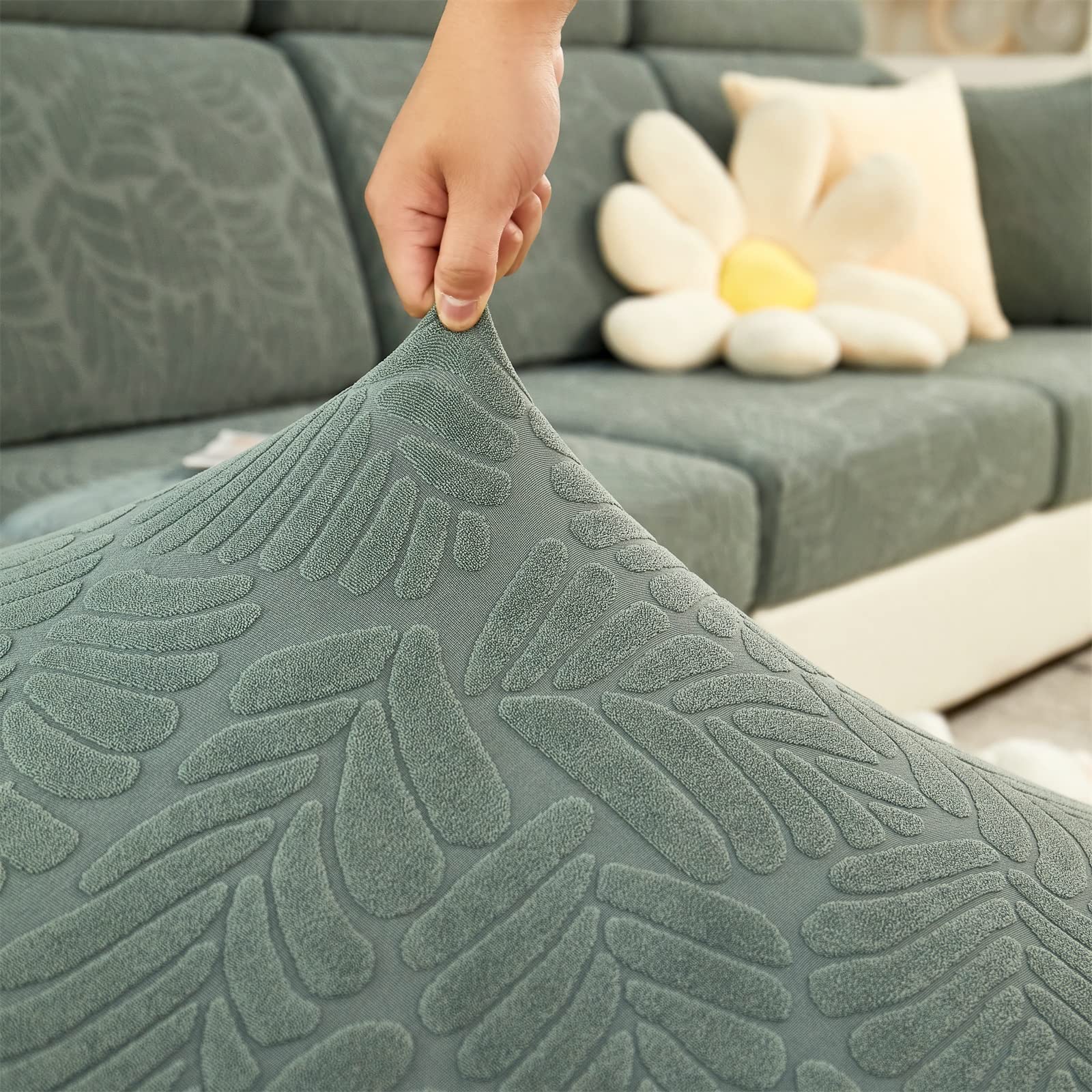 Stretchable Universal L-Shaped Sofa Slipcover - Wear-Resistant Magic Couch Cushion Cover for 3-Seater | MIFXIN Furniture Protector in Leaves Green | Perfect for Living Room, Sectional Sofa & Chaise Lounge Protection