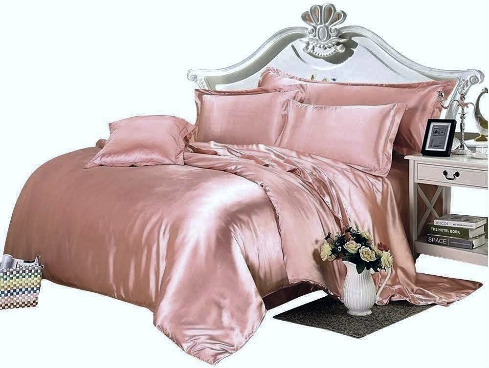 World of Bedding Full Comforter Set - 7 Piece Satin Full Size Bedding Set (Comforter, Flat Sheet, Fitted Sheet 18'', 4 Pillowcases) 600 GSM Salmon Color Duvet Insert - Luxury Bedroom Decor for Master Bedroom, Guest Room & Dorm