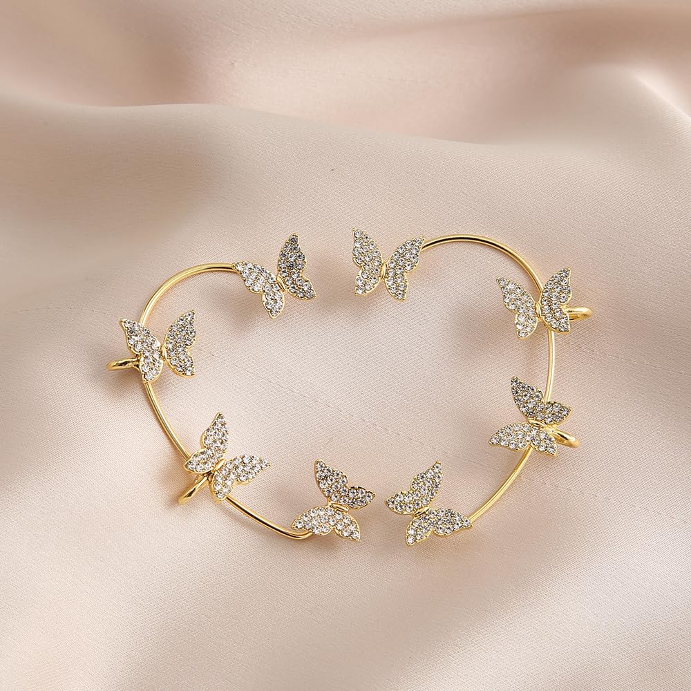 2 Pcs Zircon Butterfly Clip-On Ear Cuffs - No Piercing Rhinestone Ear Wraps for Women & Teens | Stylish Fairy Earrings for Parties, Weddings & Everyday Wear