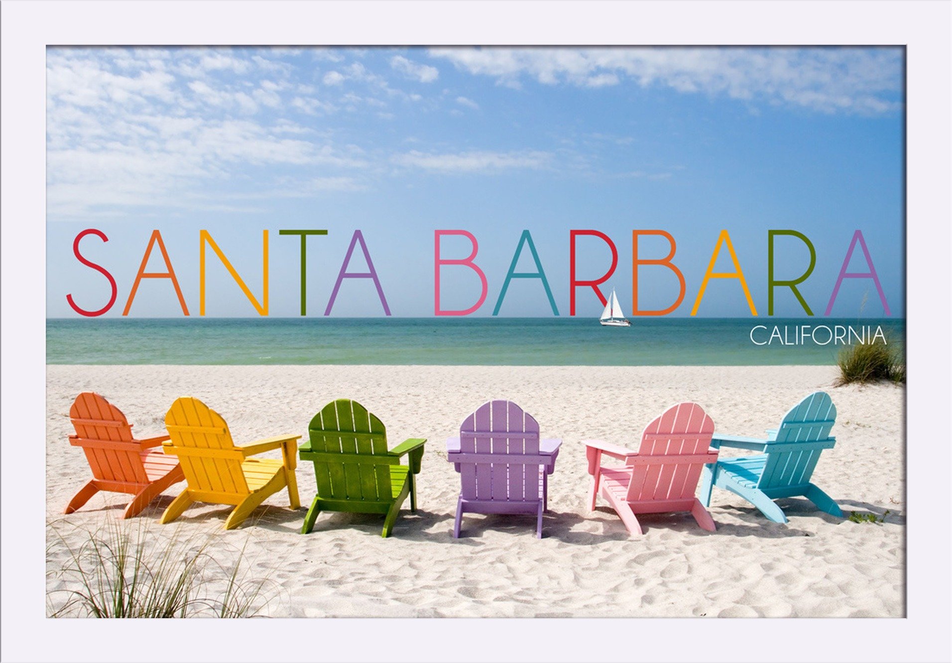 Santa Barbara California Beach Chairs Art Print - 16x24 Giclee Fine Art with Recycled Wood Frame - Coastal Wall Decor for Living Room, Bedroom & Office