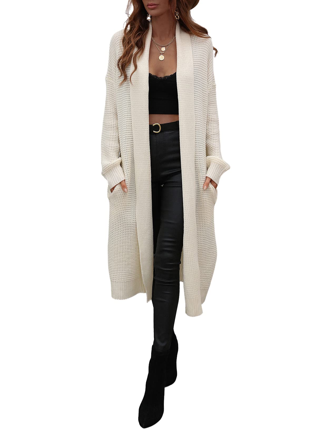 CHARTOU Women's Lightweight Long Waffle Knit Shawl Collar Open Front Duster Cardigan Sweater - Cozy Fall & Winter Layering Piece for Office, Travel and Casual Outfits