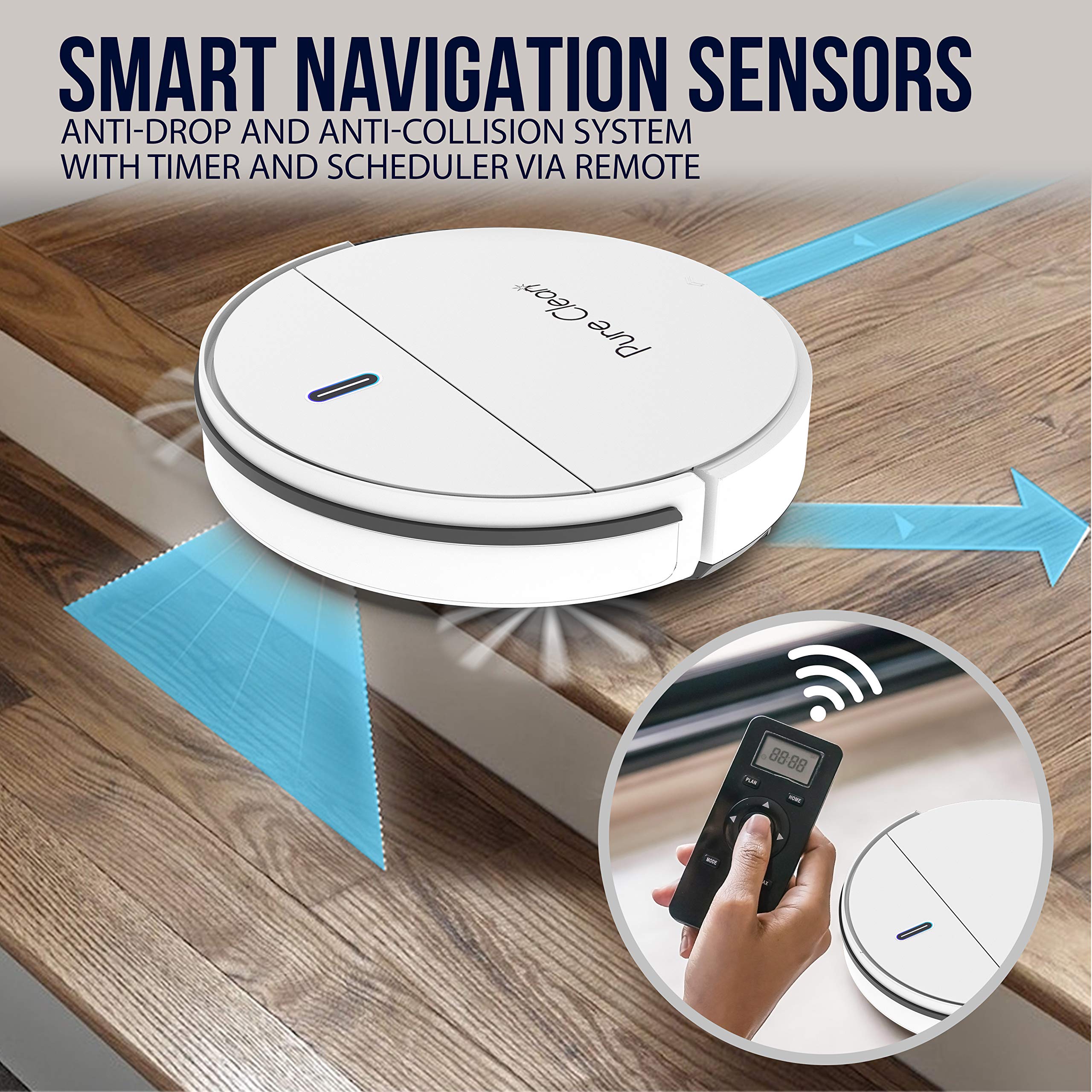PURE CLEAN Smart Automatic Robot Vacuum Cleaner with Self-Charging Dock - Powerful Robotic Vacuum for Carpets, Hardwood Floors & Tile - Anti-Drop Sensors, Auto Activation - Ideal for Pet Hair, Daily Home Cleaning (PUCRC95PLUS.9)
