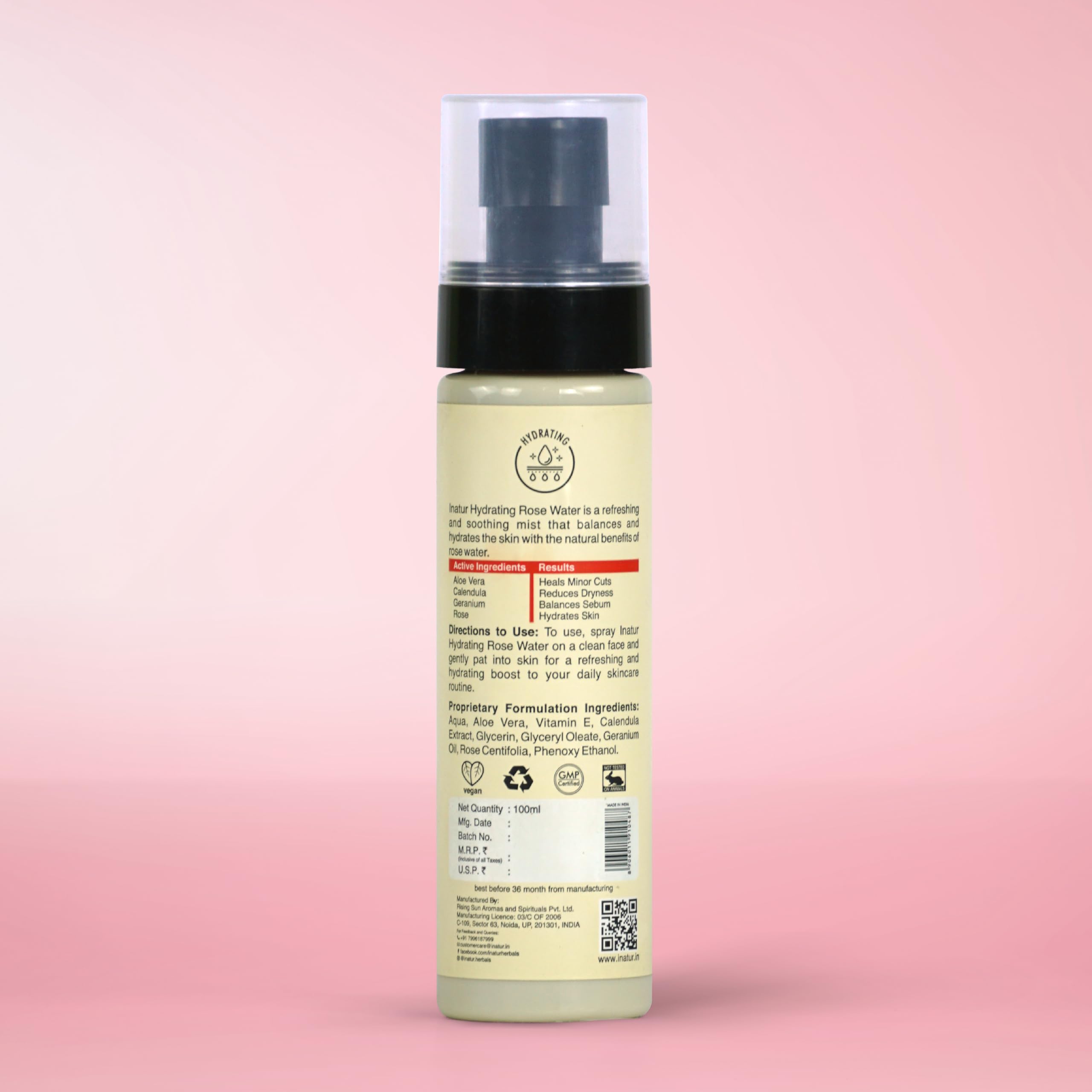 inatur Rose Water Toner with Calendula - 100% Natural Alcohol-Free Facial Toner for Sensitive Skin | Hydrating, Soothing & Pore Minimizing | Refreshing & Nourishing Treatment for Radiant Complexion | 100ml | Perfect for Daily Skincare Routine & Post-Workout Refreshment
