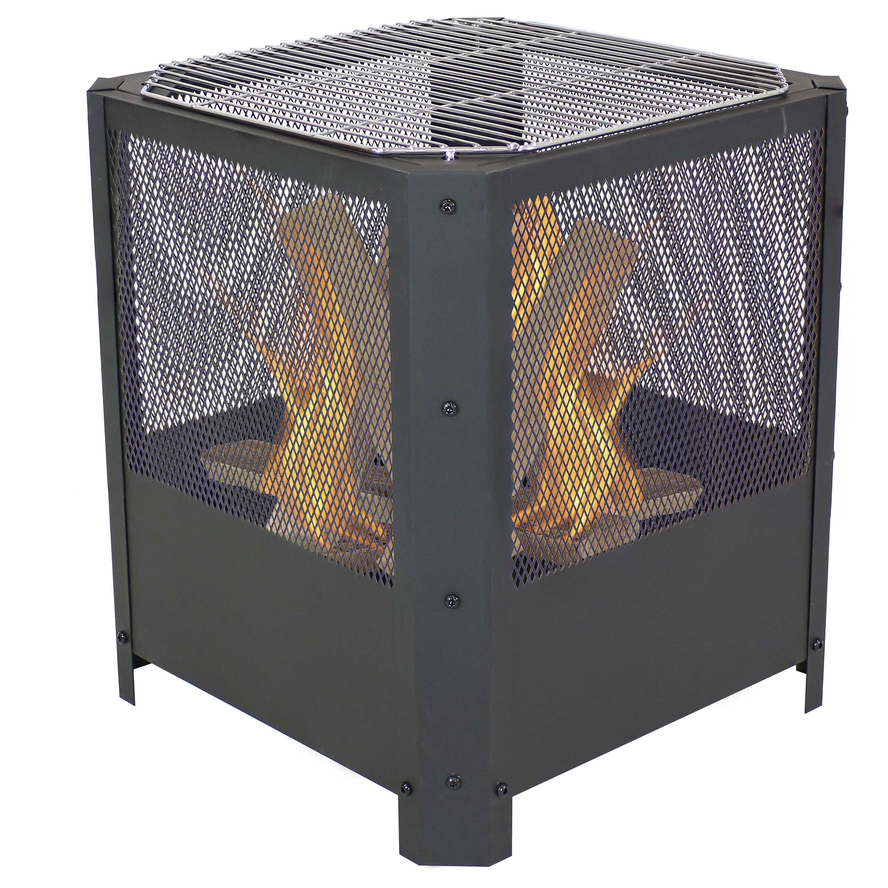 Sunnydaze 16-Inch Square Outdoor Fire Pit with Grilling Grate - Perfect for Backyard Campfires, BBQ Parties & Patio Gatherings