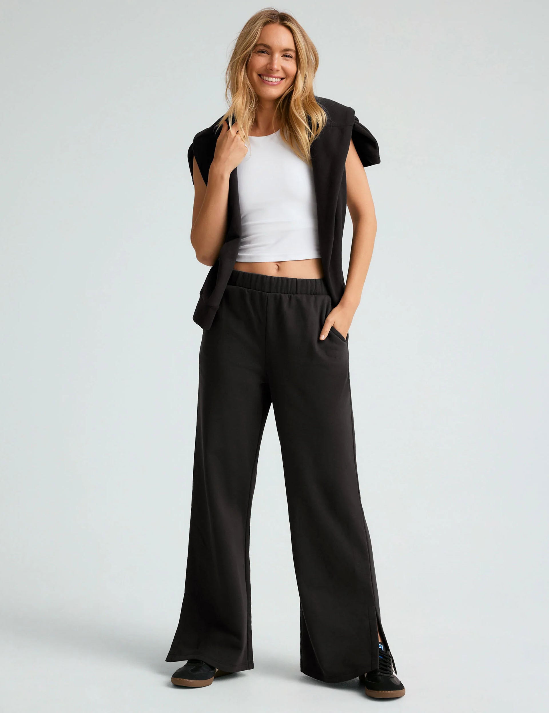 Open Ended Mid Rise Wide Leg Pants for Women - Black | Comfortable Stretchy Lounge Pants for Yoga, Work from Home & Casual Wear