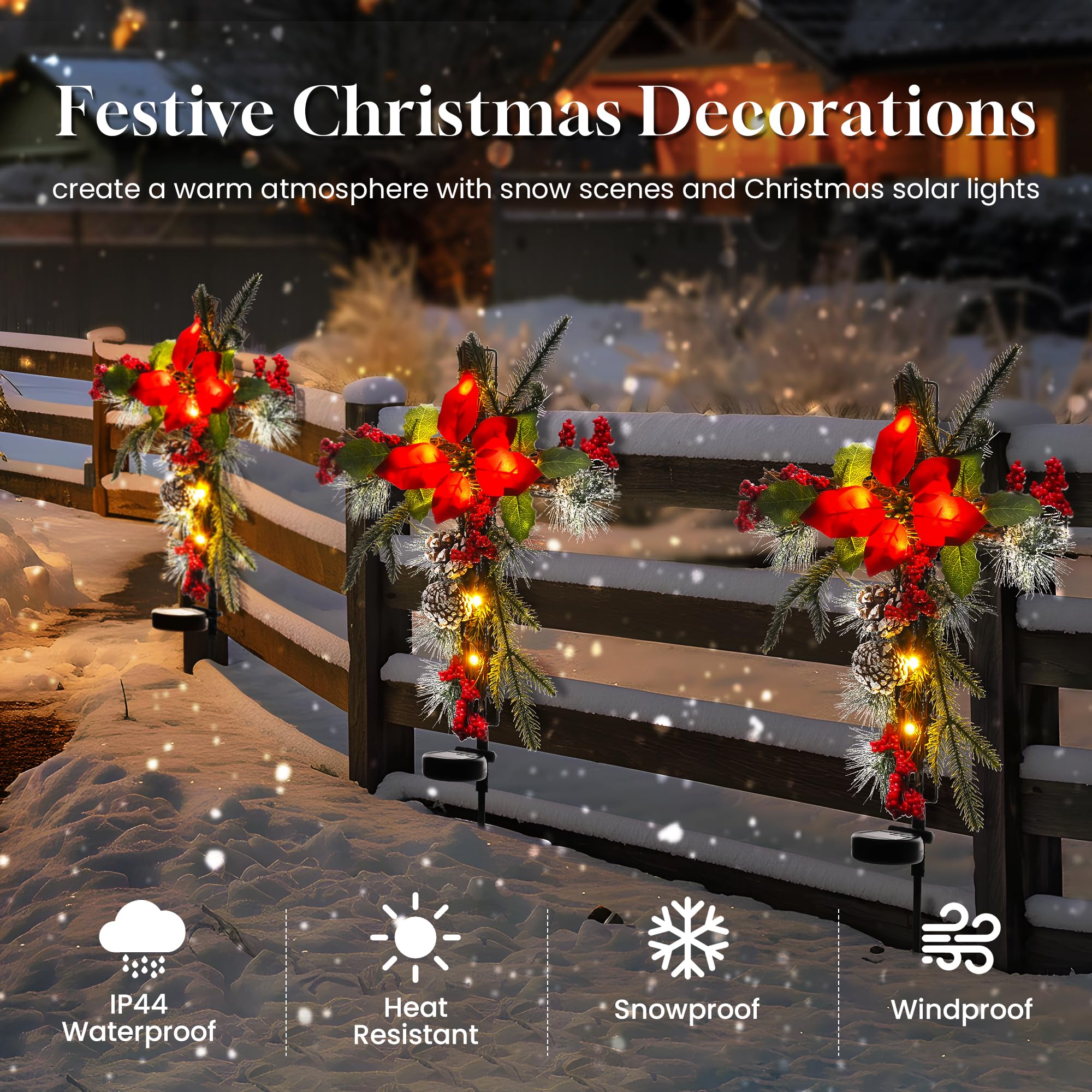 Outdoor Solar Christmas Decorations - Set of 2 Waterproof Cross Stake Lights with Faux Pine Cones & Flowers for Cemetery Grave Memorial - Perfect for Garden, Yard, Lawn & Holiday Decor