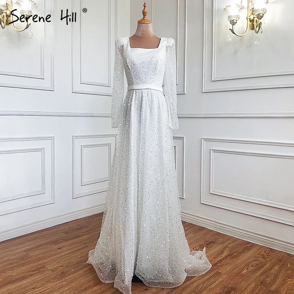 Elegant Dubai Arabic Green A-Line Luxury Evening Gown with Beaded Long Sleeves for Women - Perfect for Weddings, Galas & Formal Parties 2025 LA70271 | Serene Hill Collection