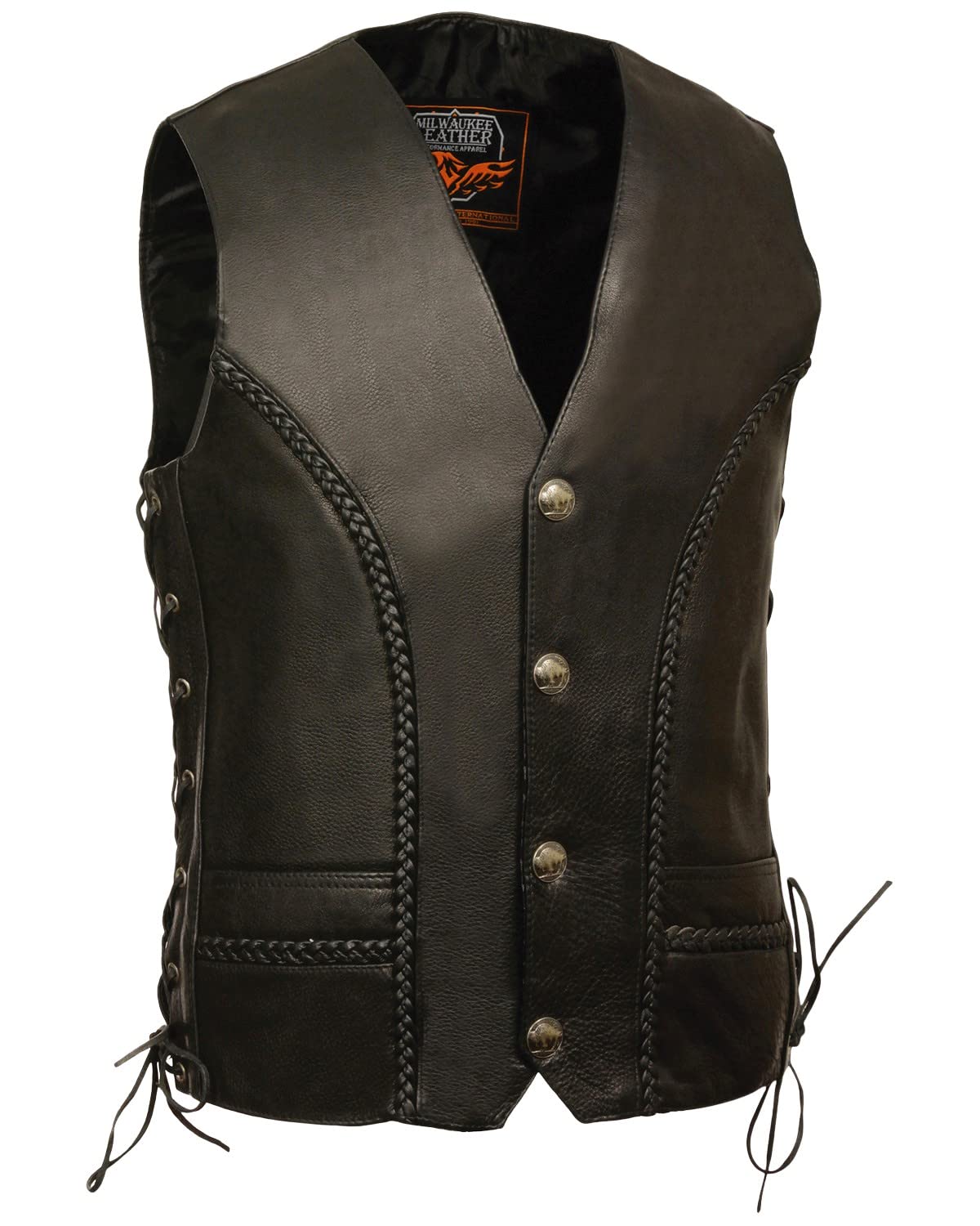 Milwaukee Leather Men's Buffalo Snap Braided Side Lace Vest - XXL Big Black Size 58 - Western Cowboy Biker Style for Motorcycle Riding & Outdoor Adventures