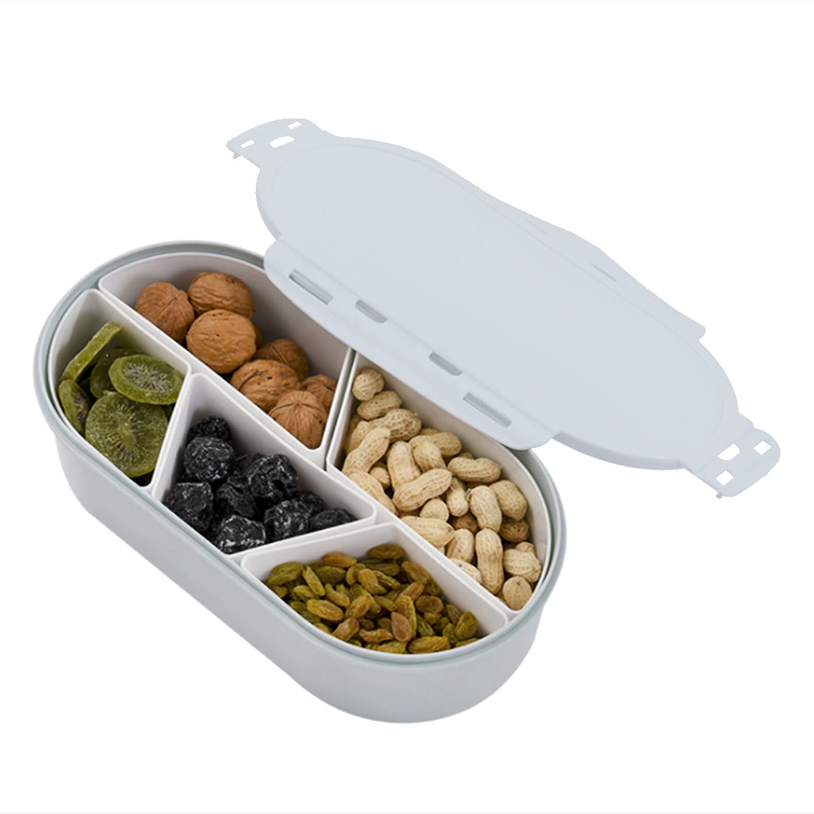 Yiautao 5-Compartment Airtight Fruit Tray with Snap-Fastened Lid & Sealing Strip - Blue Oval Snack Container for Nuts, Candy, Party Serving & Meal Prep - Perfect for Picnics, Office Snacks & Family Gatherings