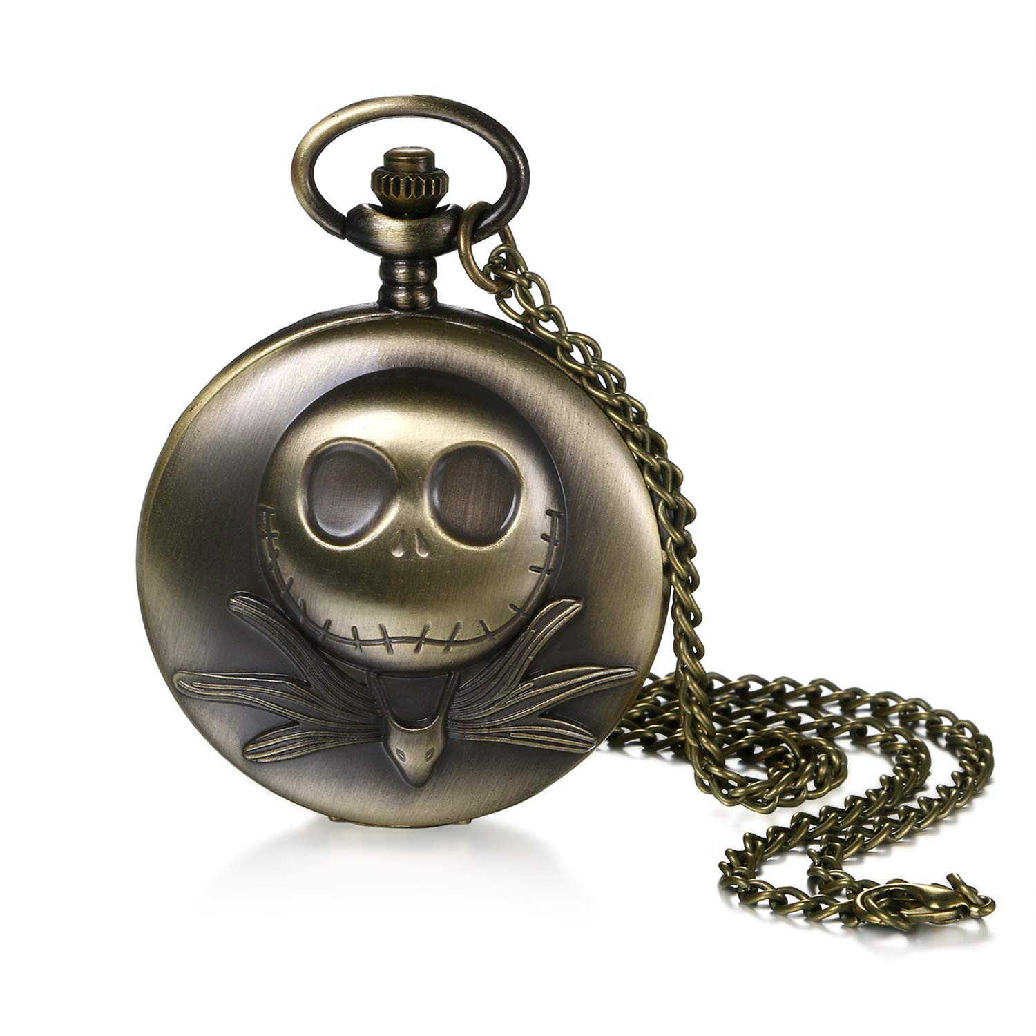 Vintage Bronze Pocket Watch with Skull Design - Punk Gothic Necklace Watch Inspired by The Nightmare Before Christmas - 15 Inch Chain - Perfect for Halloween Costumes, Steampunk Fashion & Gothic Accessories