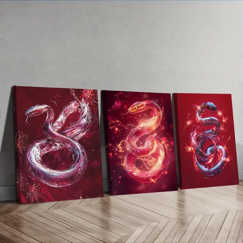 3-Piece Red Crystal Snake Wall Art Set - Framed Canvas 40x60cm - High Quality Print - 100% Australian Made - Ready to Hang - Perfect for Living Room, Bedroom, or Office Decor