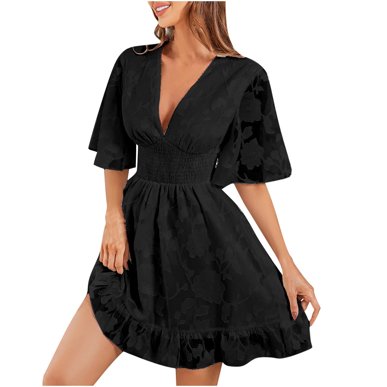Floral Chiffon Dress for Women - Ruffle Short Sleeve V-Neck High Waist Mini Dress | Summer A-Line Swing Dress for Beach, Party & Date Night