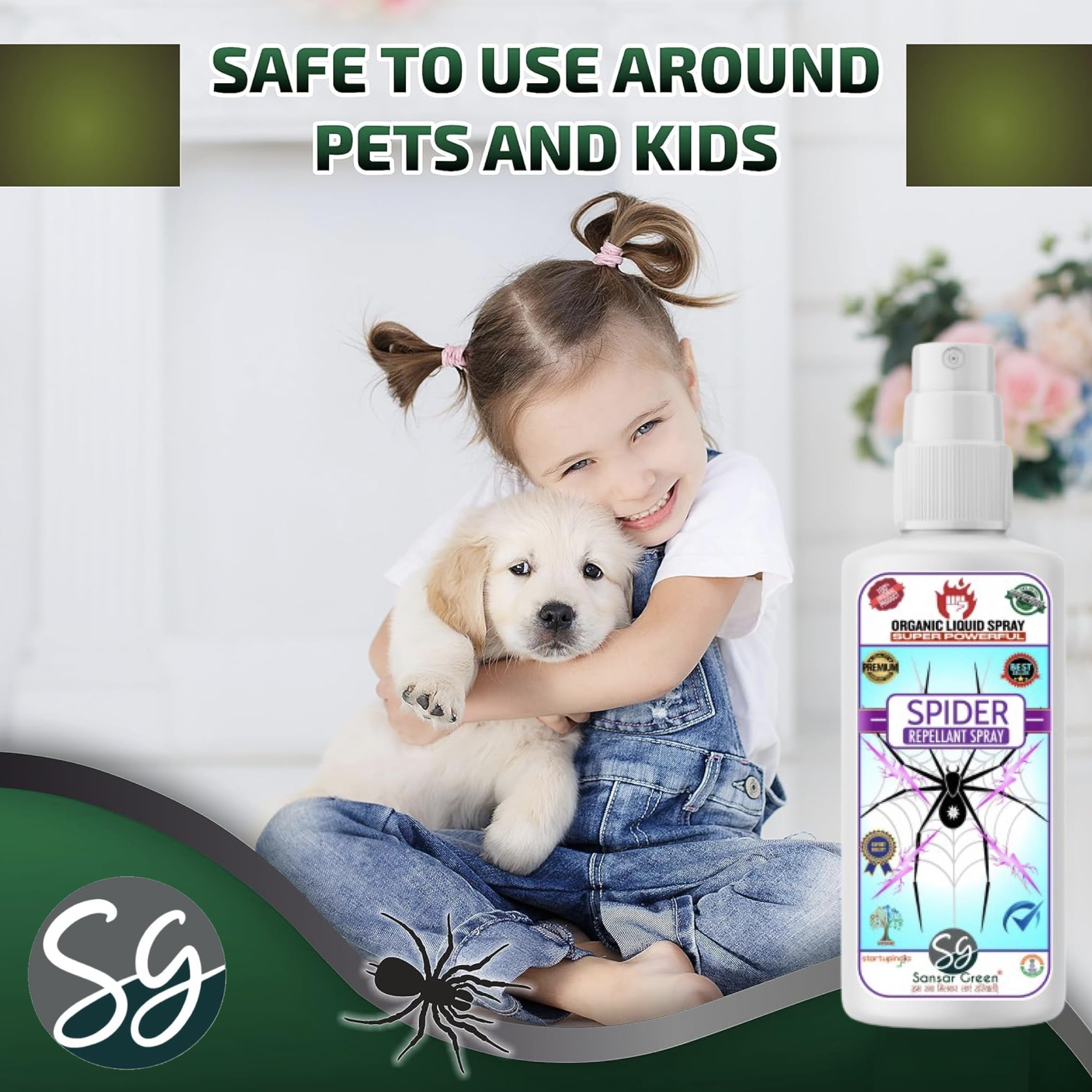 Sansar Green® Organic Spider Repellent Spray - Non-Toxic, Biodegradable & Pet Safe | Chemical-Free Indoor/Outdoor Bug Spray for Home, Office & Garden | 15-Day Protection with Refreshing Fragrance (100ml) | Perfect for Patios, Basements & Closets