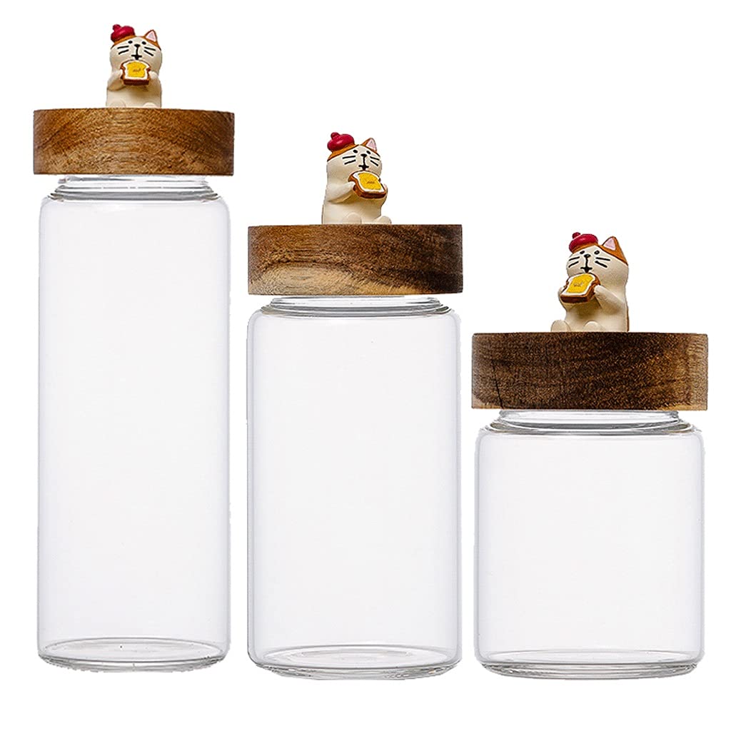 Airtight Borosilicate Glass Kitchen Storage Jars Set with Wood Lids - 3-Piece Clear Canisters for Coffee, Cat Food & Dry Goods | Pantry Organization & Countertop Display