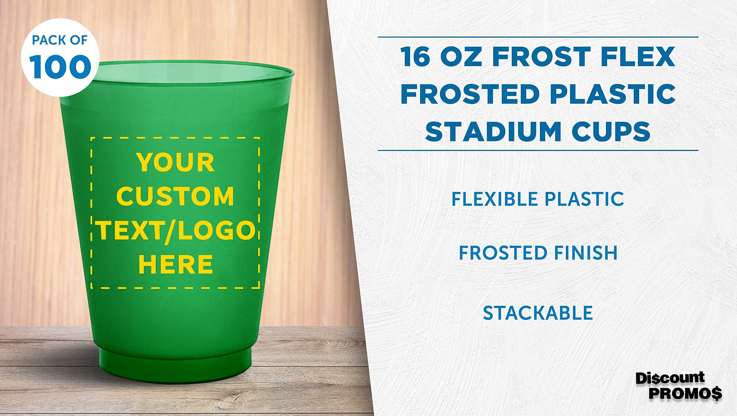 Custom Frosted Plastic Stadium Cups - 100 Pack with Promotional Text & Logo - 16 oz Shatterproof, Flexible & Reusable Party Cups (Green) - Perfect for Tailgates, BBQs, Sports Events & Outdoor Parties
