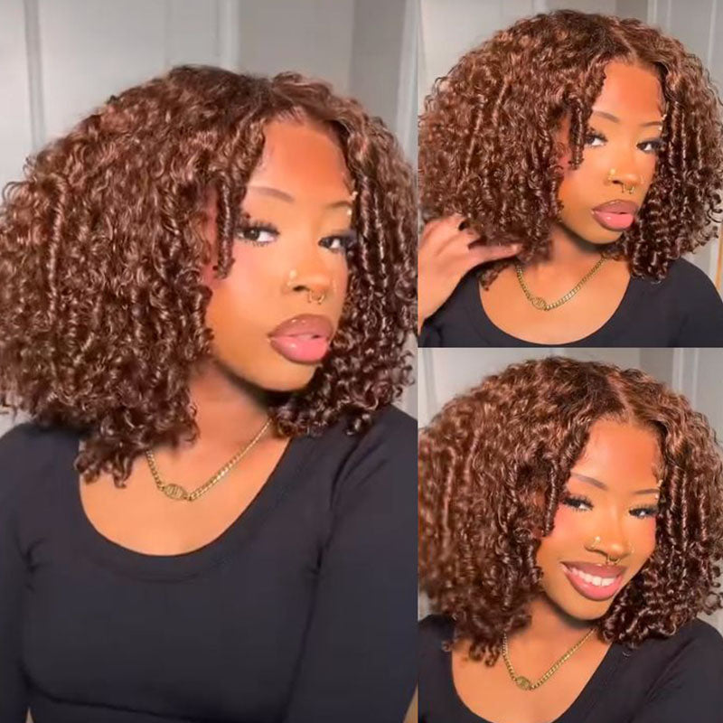 Eullair Short Brown Kinky Curly Bob Wig - 100% Human Hair Lace Front Wig for Women & Girls | Natural Look for Daily Wear, Cosplay & Special Occasions