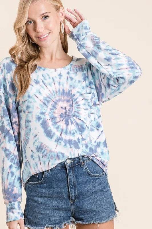 BiBi Tie Dye Print Terry Top with Front Patch Pocket - Stylish Women's Casual Shirt for Summer Outings & Beach Vacations