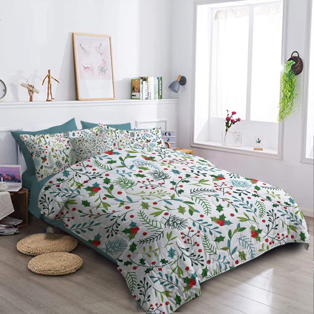 BlessLiving 8-Piece Spruce Branches Comforter Set - Twin Size Botanical Bed in a Bag with Blue Green Bedding, Lightweight Comforter, Sheets, Pillowcases, Shams & Cushion Cover for Cozy Bedroom Decor