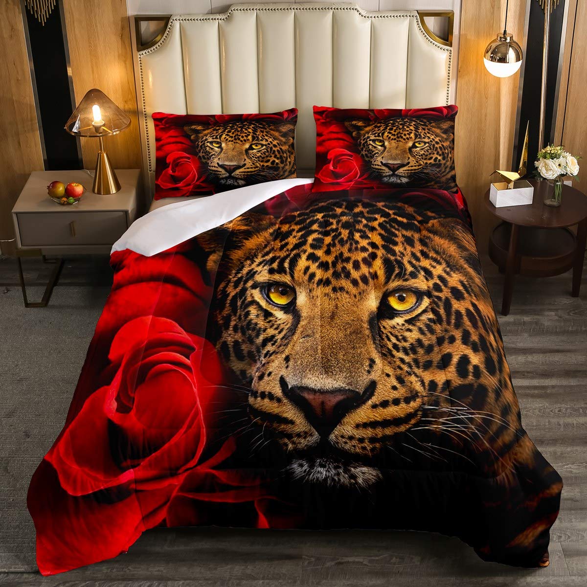 Red Rose Cheetah Print Comforter Set Twin Size - Leopard Pattern Duvet Cover with Floral Design, Safari Animal Theme Bedding for Boys, Girls, Teens & Adults - Perfect for Jungle Themed Bedrooms & Wild Animal Lovers