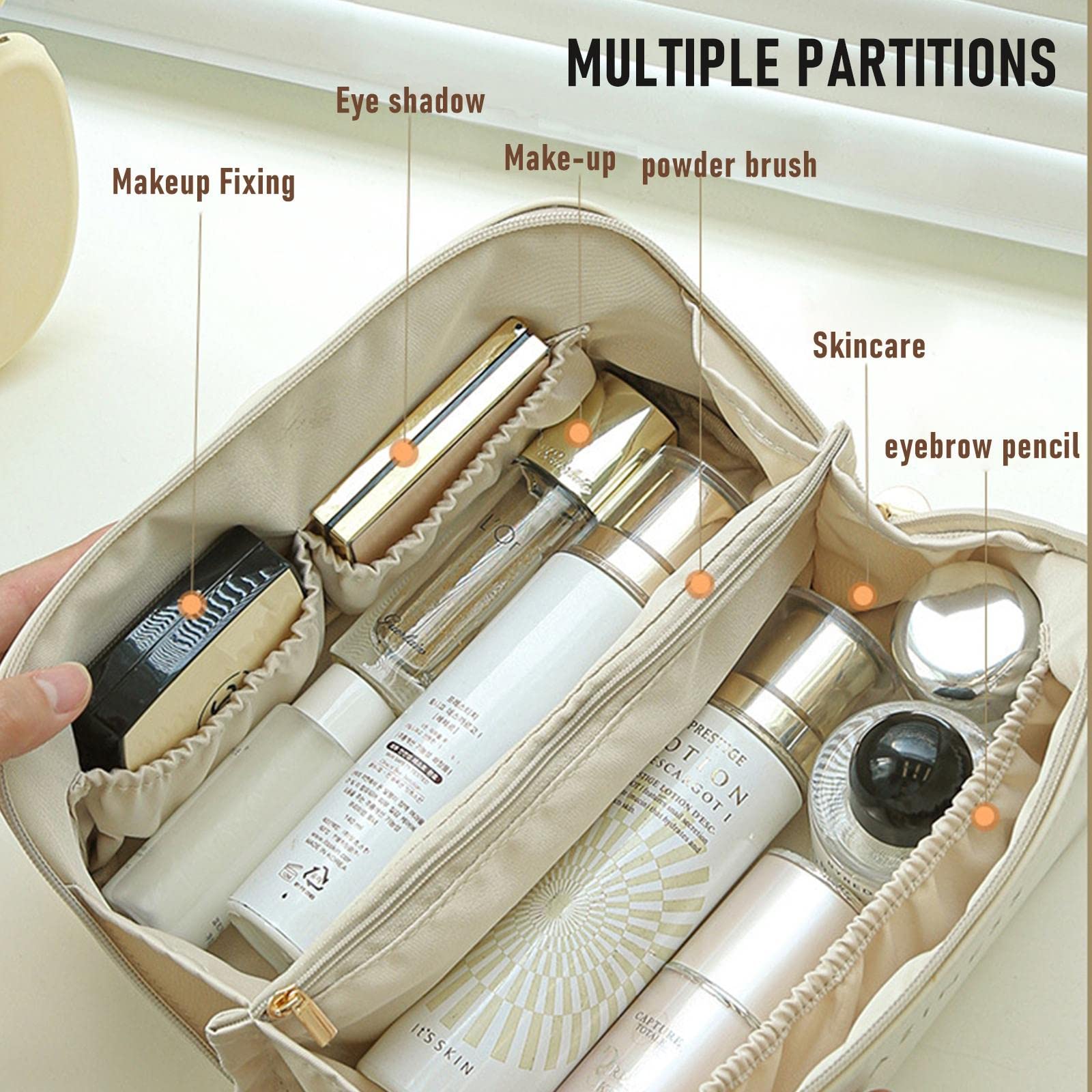 Portable Makeup Bag - Large Capacity Travel Cosmetic Organizer, Waterproof PU Leather Double Layer Cosmetic Case for Women | Perfect for Skincare Kits, Cosmetics & Toiletries | Ideal for Travel, Gym & Daily Use (White)