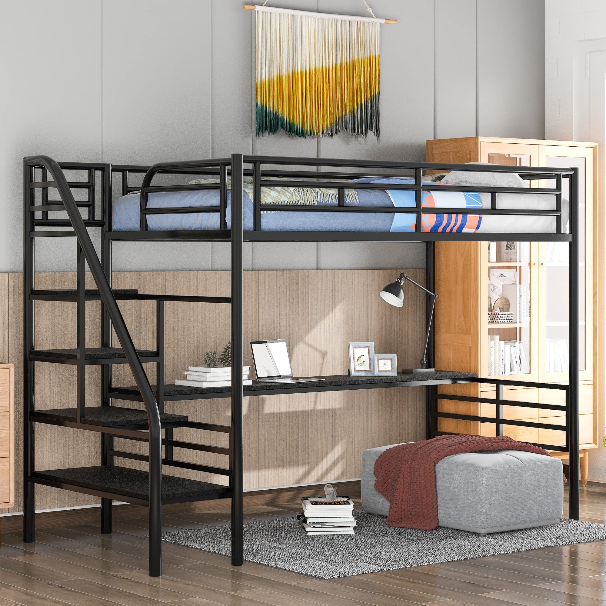 RUNWON Twin Size Metal Loft Bed with Long Study Desk & Safety Stairway - Space Saving Kids Teens Adult Bedroom Furniture for Small Rooms, Dorms, Apartments - No Box Spring Required