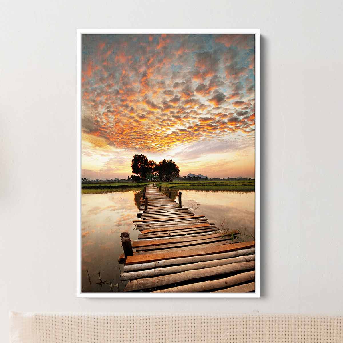 Orange Sunrise Bridge Wall Art Canvas Print - Modern Landscape Painting for Living Room, Bedroom & Office Decor