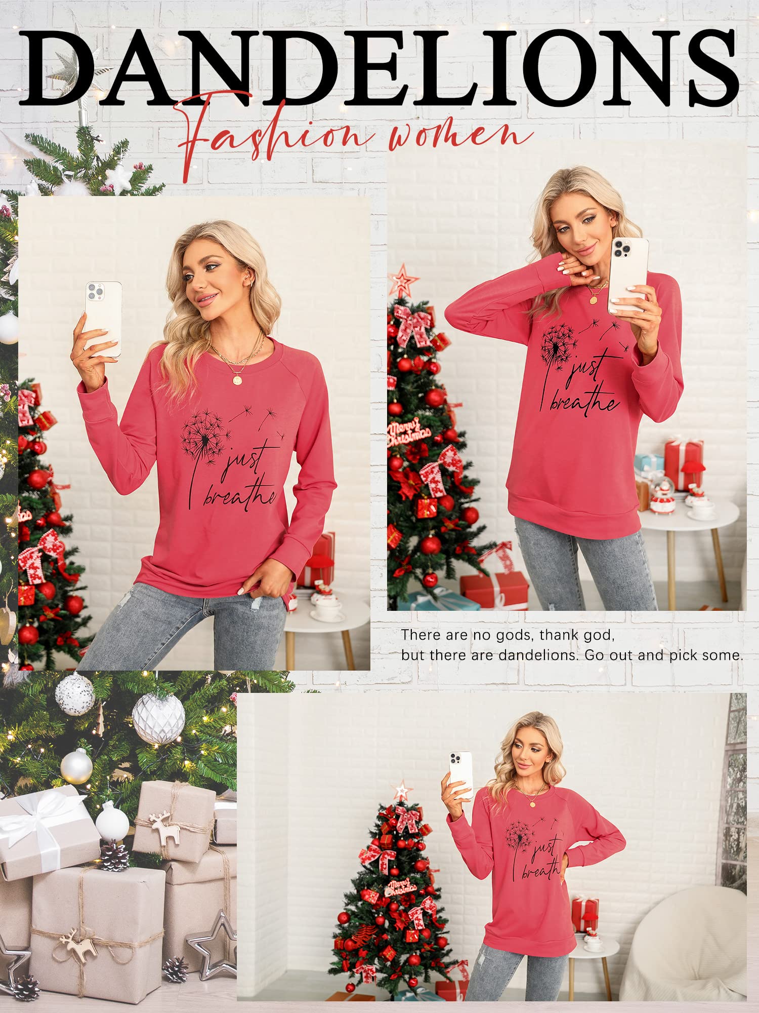Ezcosplay Women's Dandelion Graphic T-Shirt - Just Breathe Letter Print Long Sleeve Sweatshirt - Casual Streetwear for Everyday Comfort & Yoga Outfits