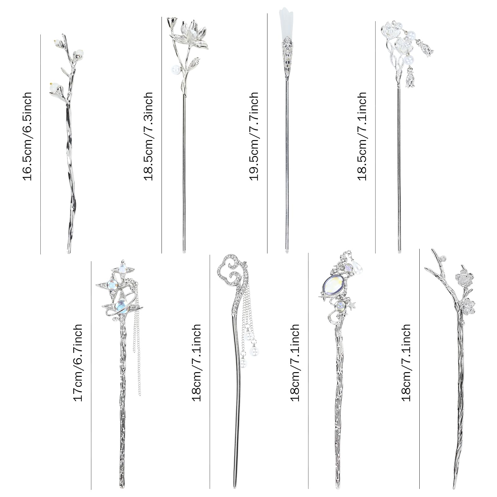 8Pcs Retro Crystal Pearl Silver Hair Sticks with Pendants - Chinese Hanfu Hair Forks, Cloud Star Lotus Hairpins for Women, Bun Updo Holders - Perfect for Weddings, Cosplay & Traditional Asian Hairstyles