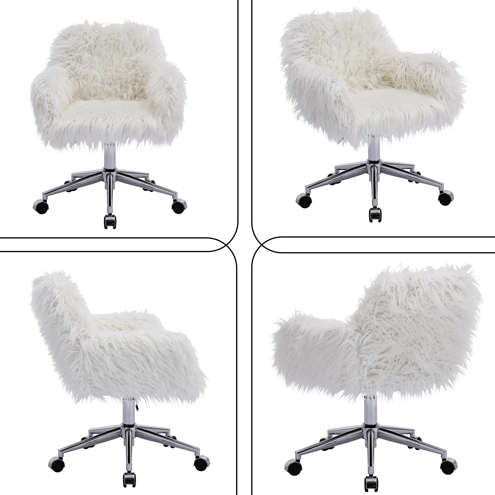 White Faux Fur Desk Chair with Wheels - Modern Adjustable Swivel Vanity Chair for Women & Girls, Ergonomic Office Task Chair with Arms - Perfect for Home Office, Bedroom, and Makeup Station (White)