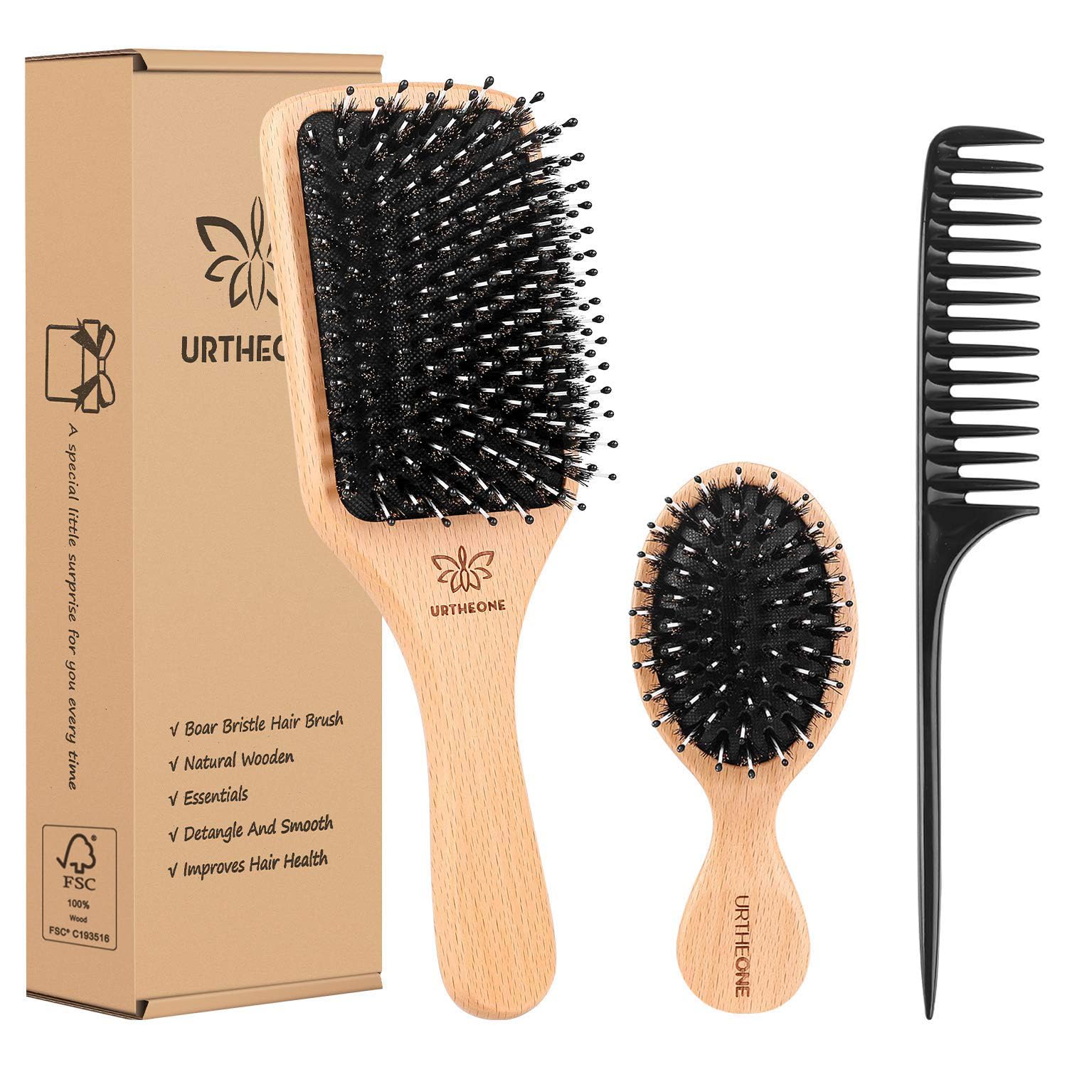 Natural Boar Bristle Hair Brush & Comb Set for Women, Men & Kids - Wooden Paddle Hairbrush with Travel Styling Brush for Wet/Dry Hair - Detangle, Smooth & Massage - Perfect for Home Use, Travel & Daily Hair Care