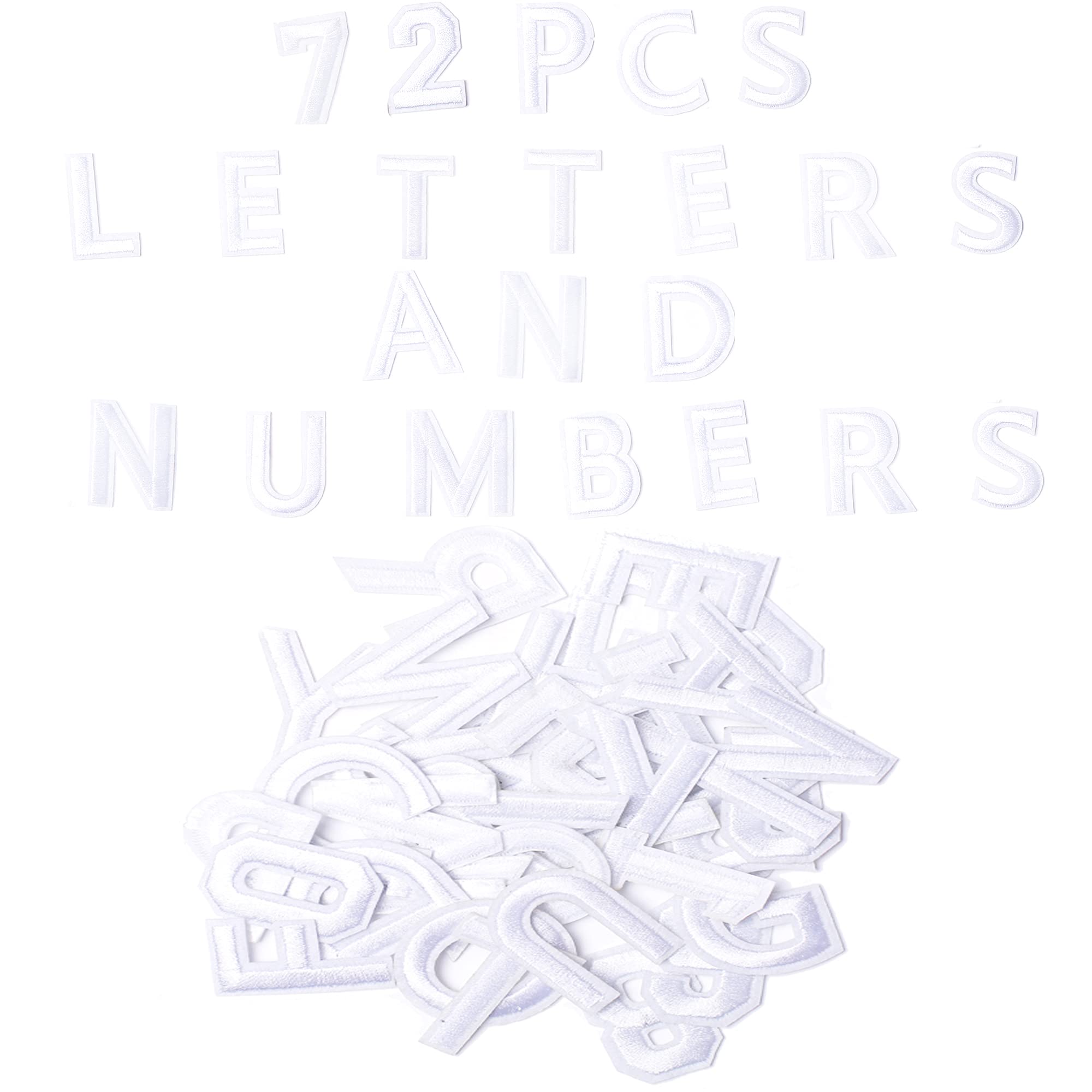 72 PCS Iron-On Embroidered Alphabet & Number Patches A-Z 0-9 for DIY Clothing, Hats, Jeans - White Fabric Applique Letters for Customizing Jackets, Backpacks & School Uniforms