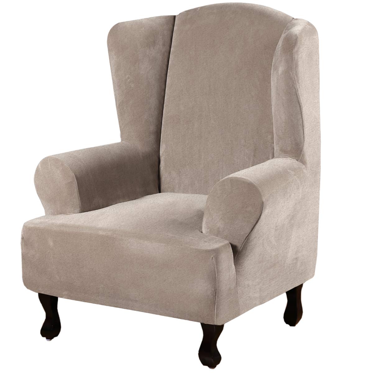 Luxury Velvet Wingback Chair Slipcover - Stretchable Plush Wing Chair Cover with Elastic Bottom, Taupe - Perfect for Living Room, Bedroom, and Office Furniture Protection