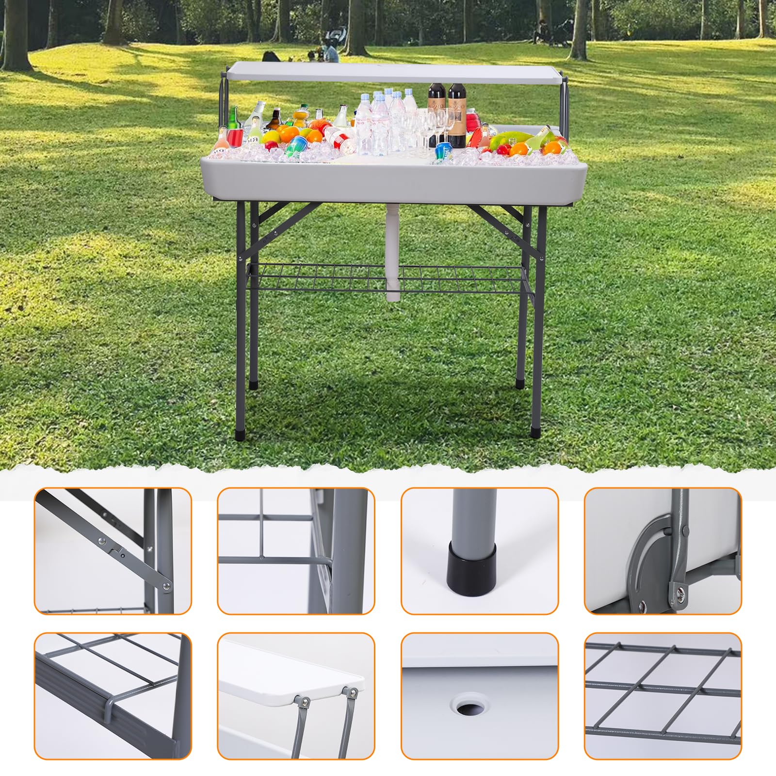 4 ft Folding Ice Table with Drain - Portable Cooler Table for Parties, Camping & Tailgating - Includes Matching Skirt (Outdoor, BBQ, Beach & Backyard Use)
