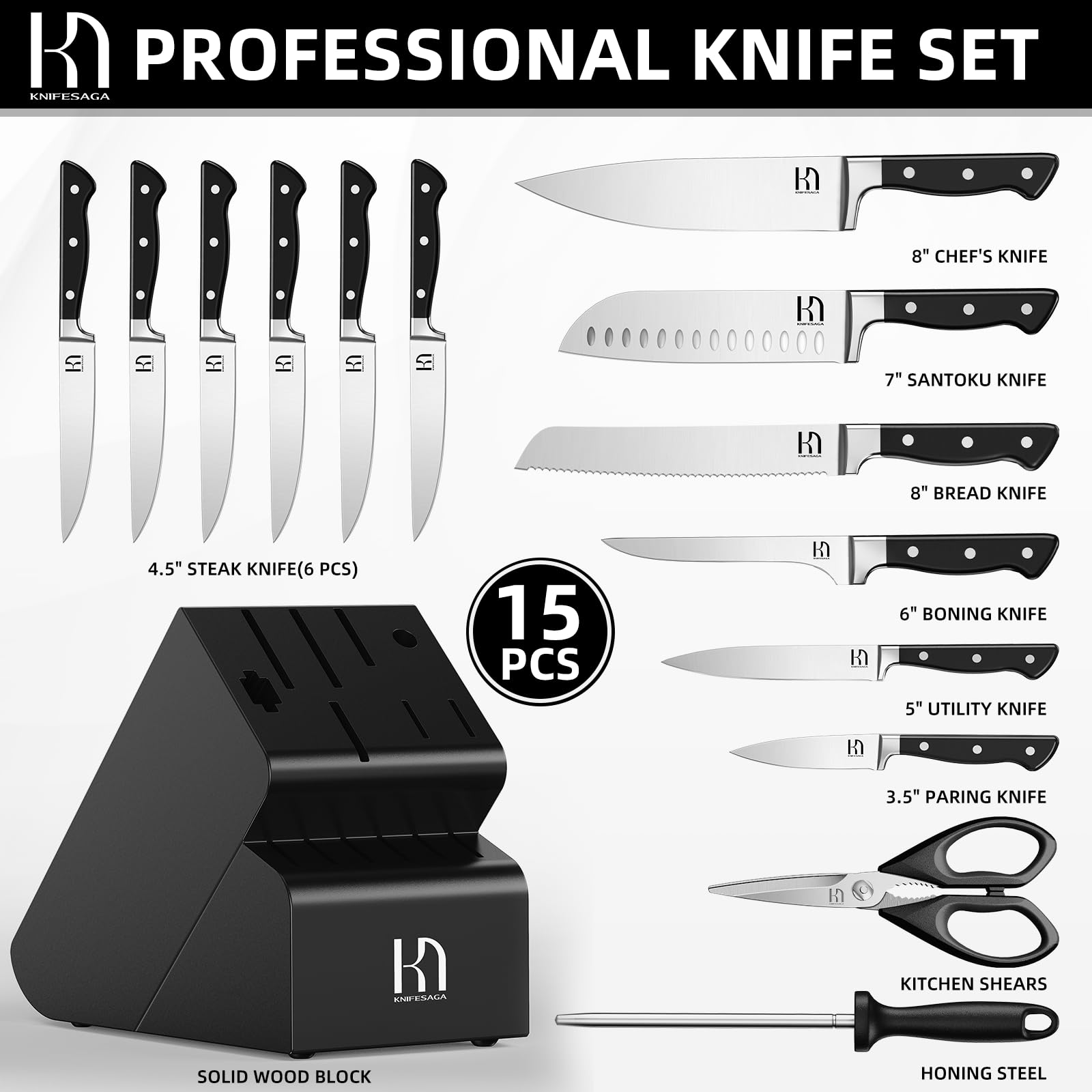 15-Piece Premium Japanese High Carbon Stainless Steel Knife Set with Block & Sharpener - Razor-Sharp Chef Knives for Professional Cooking, Meat Cutting & Food Prep - Durable Black Kitchen Knife Block Set for Home & Restaurant Use