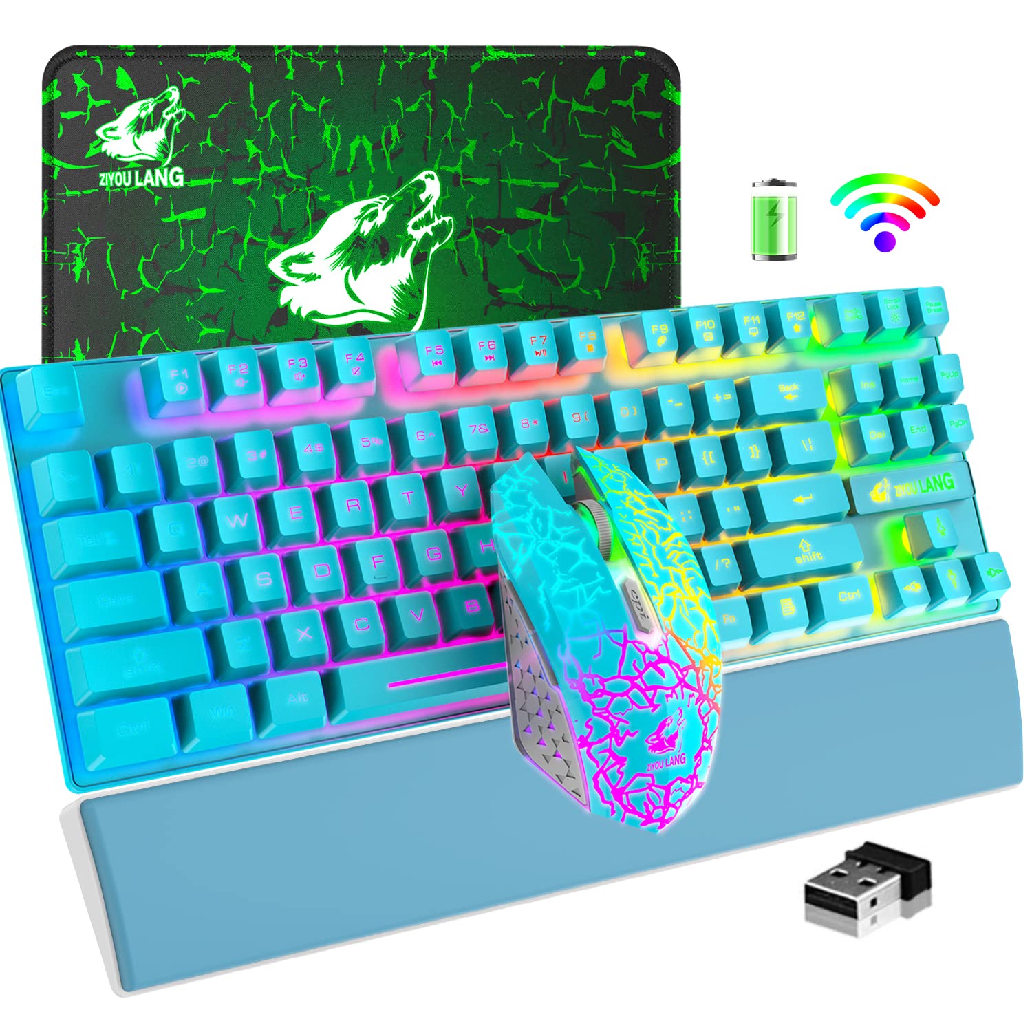 Wireless Gaming Keyboard and Mouse Combo with Detachable Wrist Rest - RGB Backlit Mechanical Feel Keyboard, Rechargeable 3800mAh Battery, Silent Gaming Mouse & Mouse Pad for PC, Laptop Gamers (Blue) - Perfect for Esports, Streaming, and Office Work
