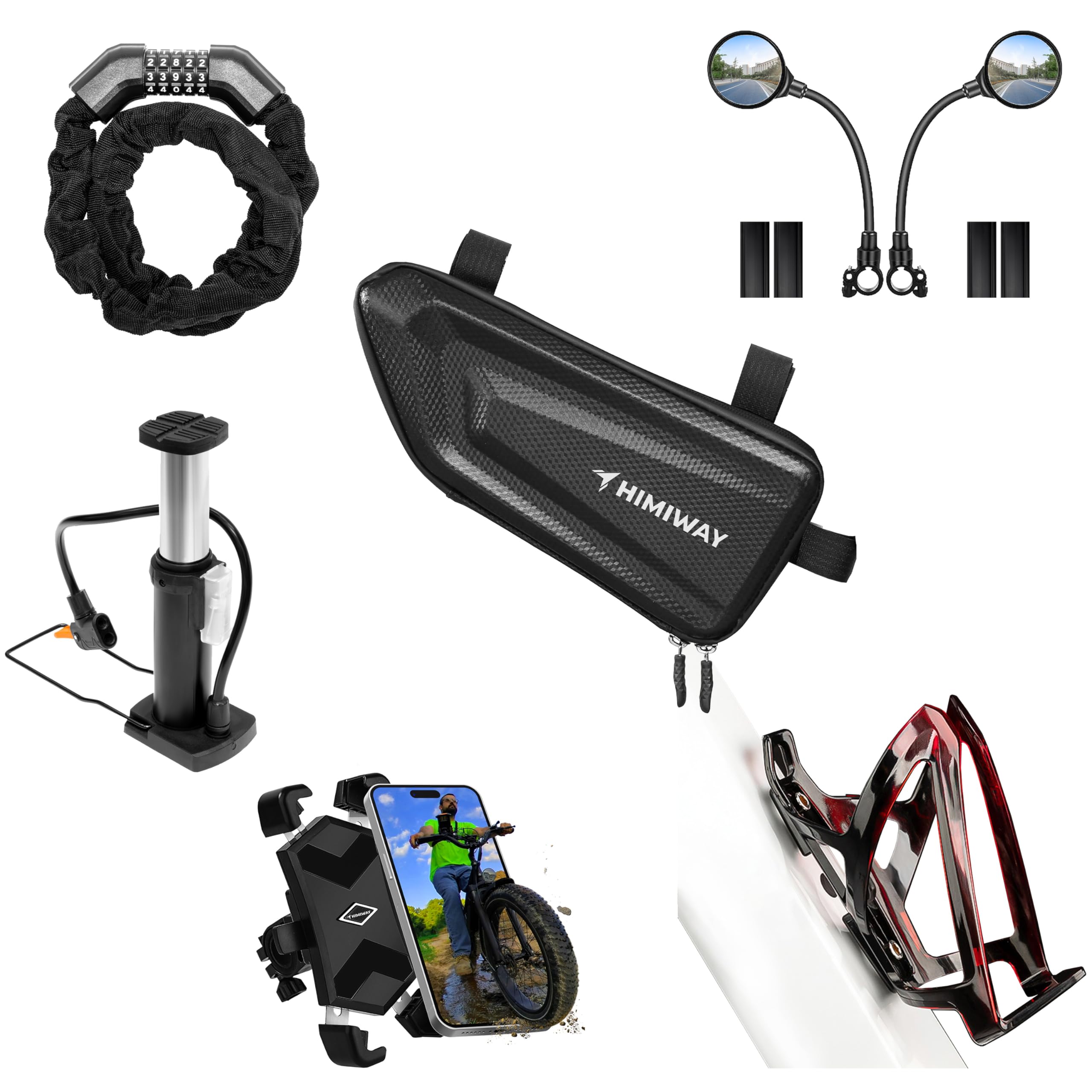 HIMIWAY 6-Piece Bike Accessories Kit - Bicycle Phone Mount, Water Bottle Holder, Black Bike Bag, Portable Air Pump with Gauge, Bike Lock for MTB & Ebike - Perfect for Cycling Commuting, Mountain Biking & Outdoor Adventures