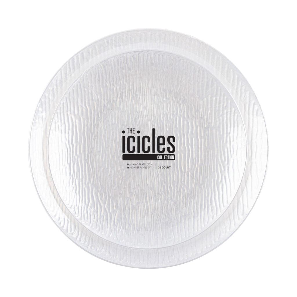 32-Piece Clear Pearl Round Plastic Dinnerware Set for 16 Guests - Elegant Disposable Plates, Bowls, Cups & Utensils - Perfect for Weddings, Parties, Catering & Outdoor Events