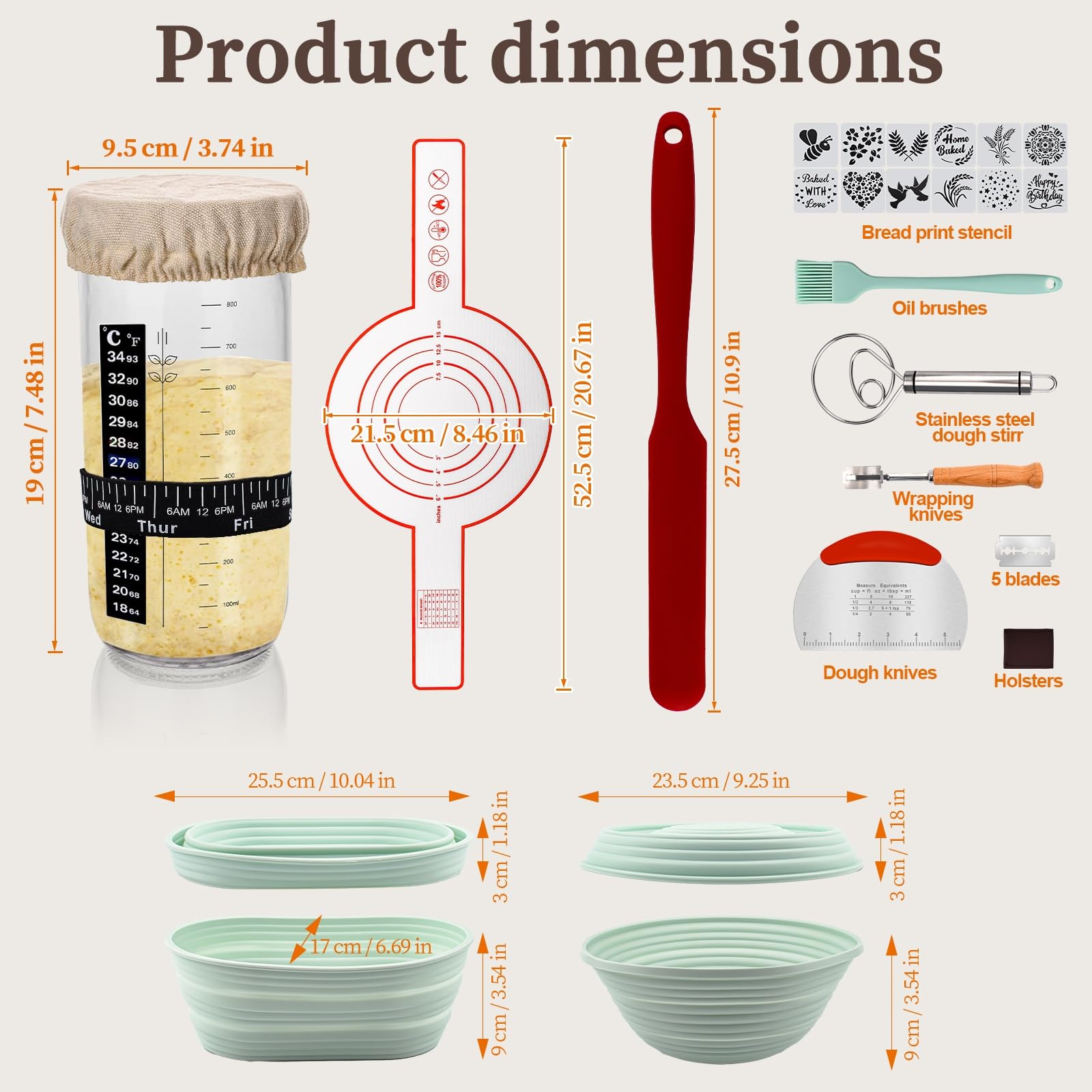Banneton Bread Proofing Basket & Sourdough Starter Kit - 34oz Glass Jar, 2 Silicone Proofing Bowls, Bread Sling Mat, Dough Whisk & Spatula - Complete Artisan Bread Making Set (Green) for Home Bakers & Sourdough Enthusiasts - Perfect for Rustic Loaves, Baguettes & Homemade Bread