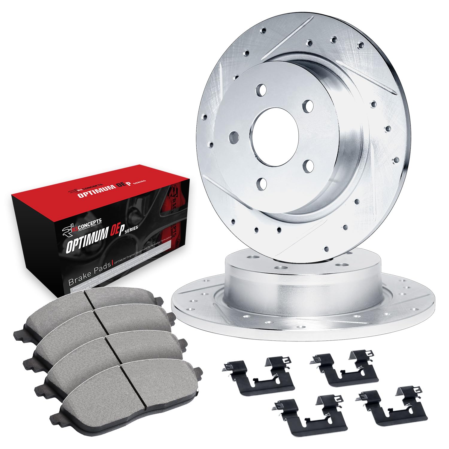 R1 Concepts Rear Brake Pads and Rotors Kit - Ceramic Brake Pads with Drilled Rotors - Complete Hardware Included - Compatible with 1999 Volkswagen EuroVan - Perfect for Daily Driving, Towing & Off-Road Adventures