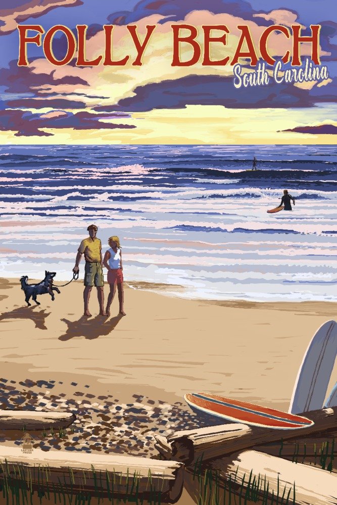 Folly Beach South Carolina Sunset Surfers Art Print - 24x36 Signed Wall Decor Poster - Perfect for Coastal, Beach House & Surf Theme Room Decor