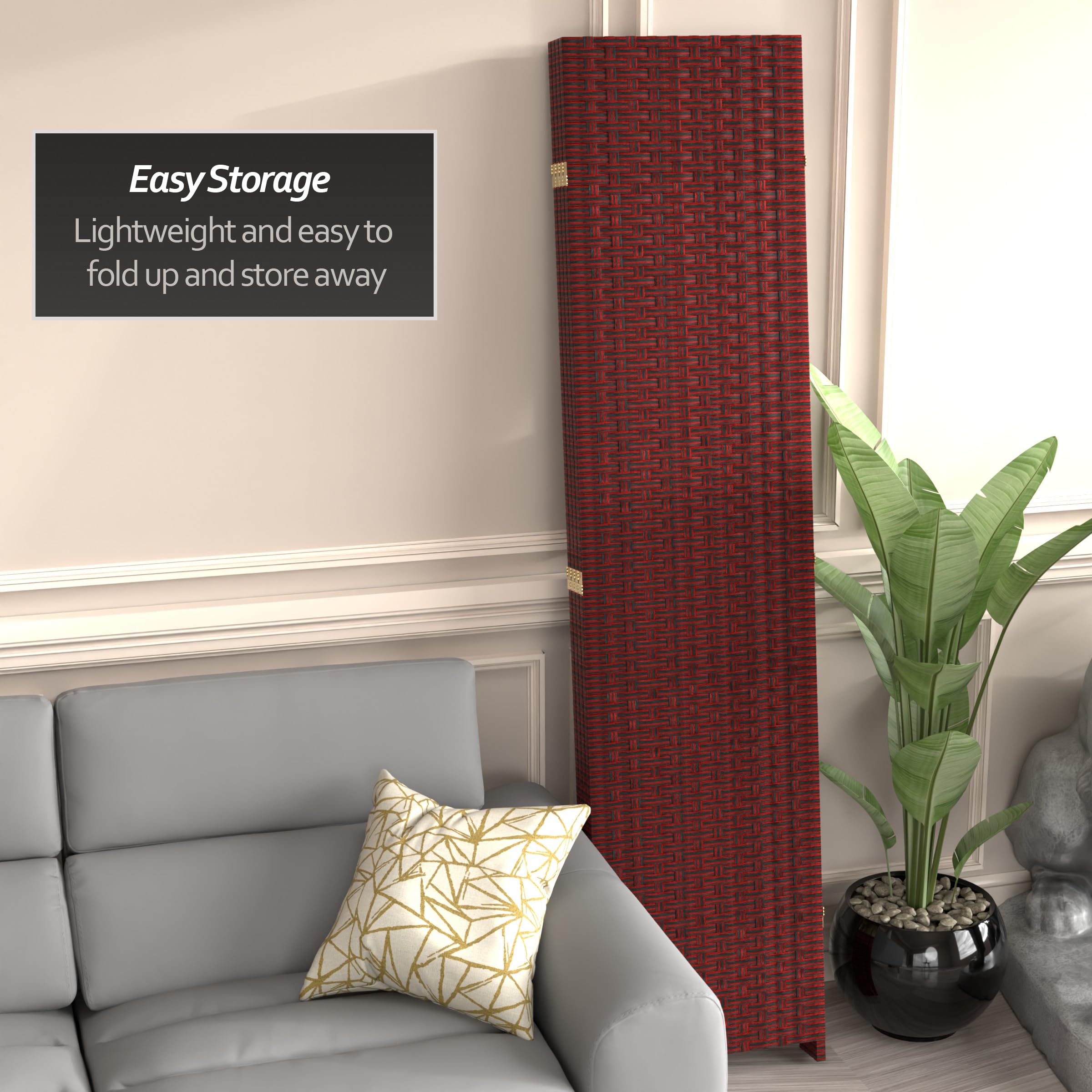 7 ft Tall Red and Black Woven Fiber Room Divider - 4 Panel Folding Privacy Screen for Home, Office, or Outdoor Use