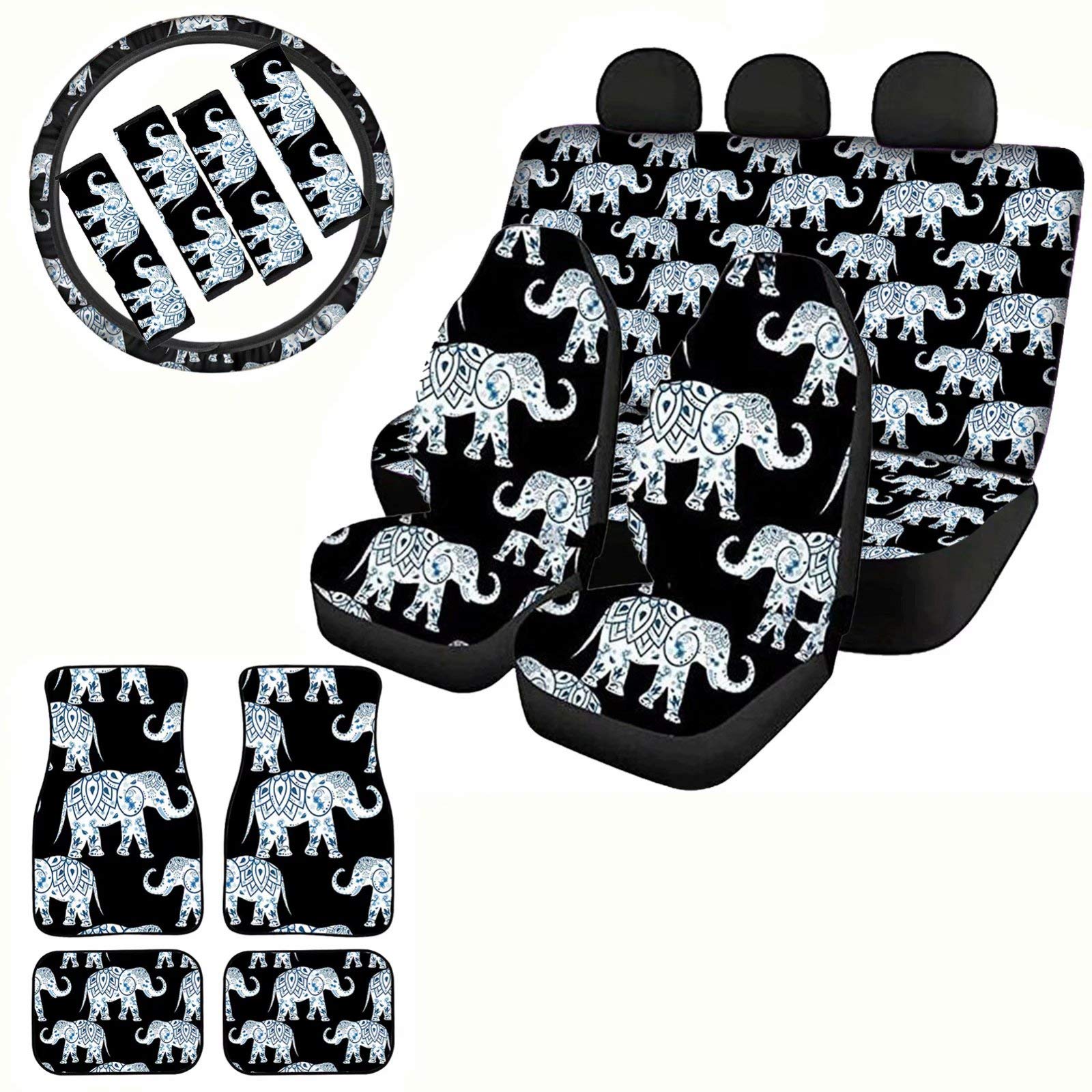 Boho Hippie Elephant Car Accessories Set - Front & Back Seat Covers, Seat Belt Pads, Steering Wheel Cover & Floor Mats for Women & Men | Perfect for Hippie Style Car Decor, Road Trips & Gift Giving